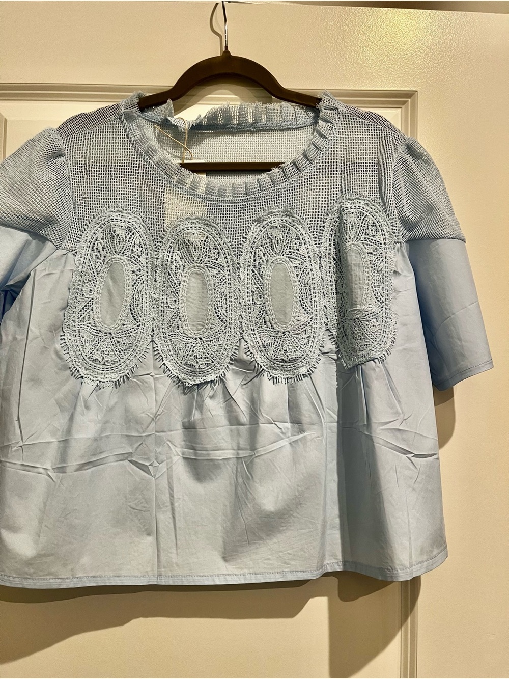 Amazon Light Blue Embroidered Peasant Top NWT